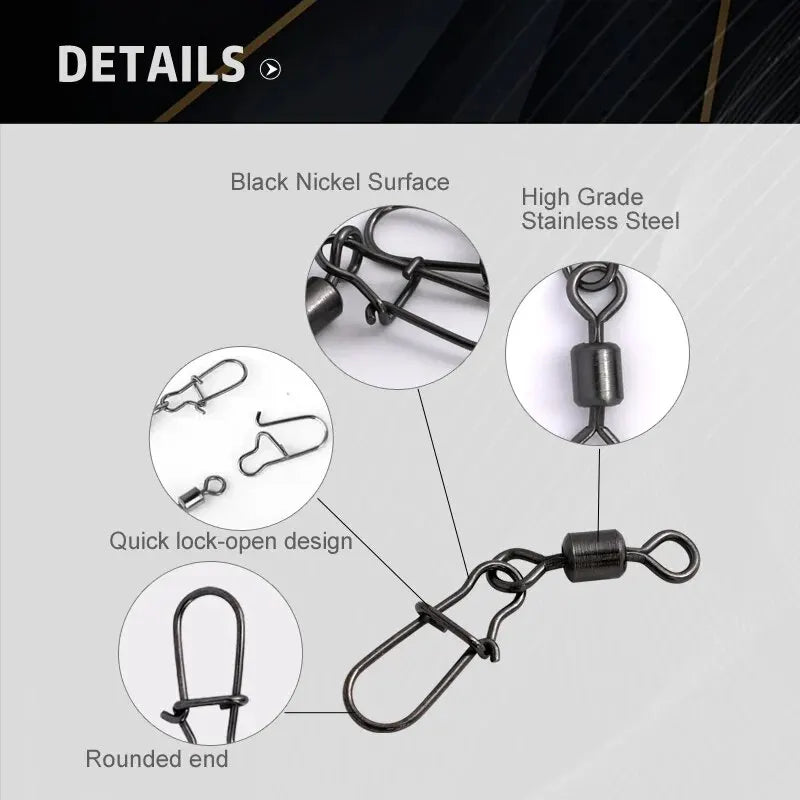 50 unidade/caixa pino conector de pesca de aço inoxidável 4 # 6 # 8 # 10 # 12 # Rolamento giratório com acessórios para isca de anzol